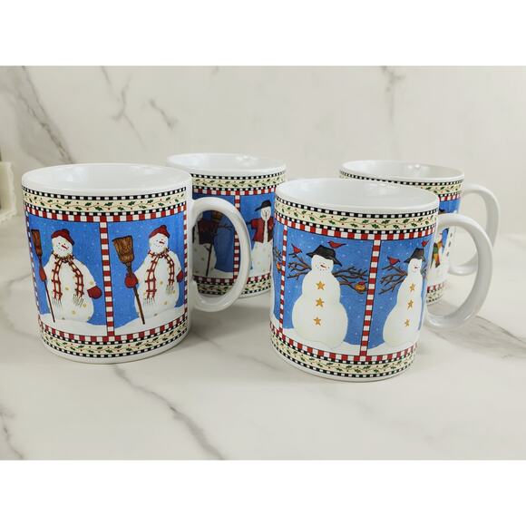 Oneida Sakura Coffee Mug Tea Cup Snowman 3 1/2" Debbie Mumm Stoneware x4 Vintage - Picture 1 of 12